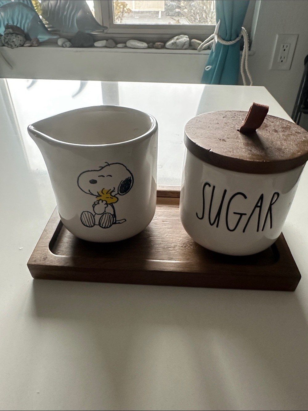 Rae Dunn White Ceramic Snoopy Creamer and Sugar Jar Set